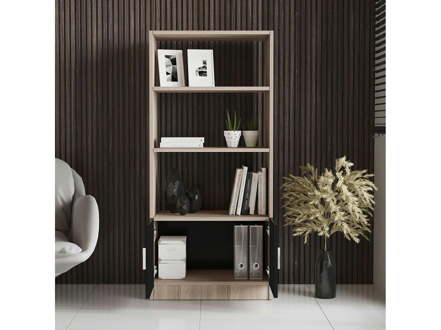 Bibliothèque moderne effet bois avec portes noires MARFA