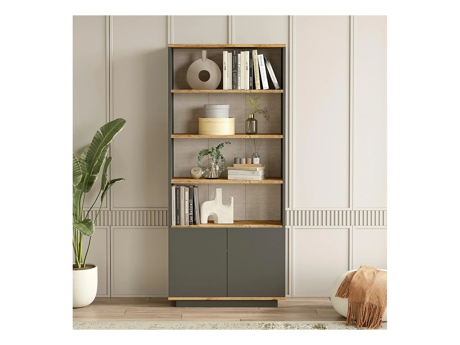 Bibliothèque moderne grise avec rangement bas fermé MARFA