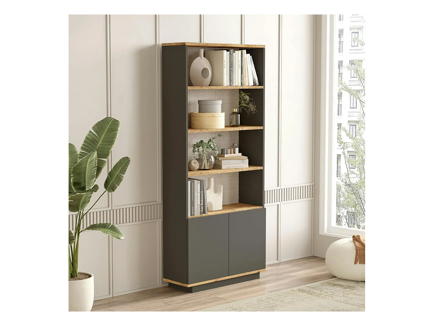 Bibliothèque moderne grise avec rangement bas fermé MARFA