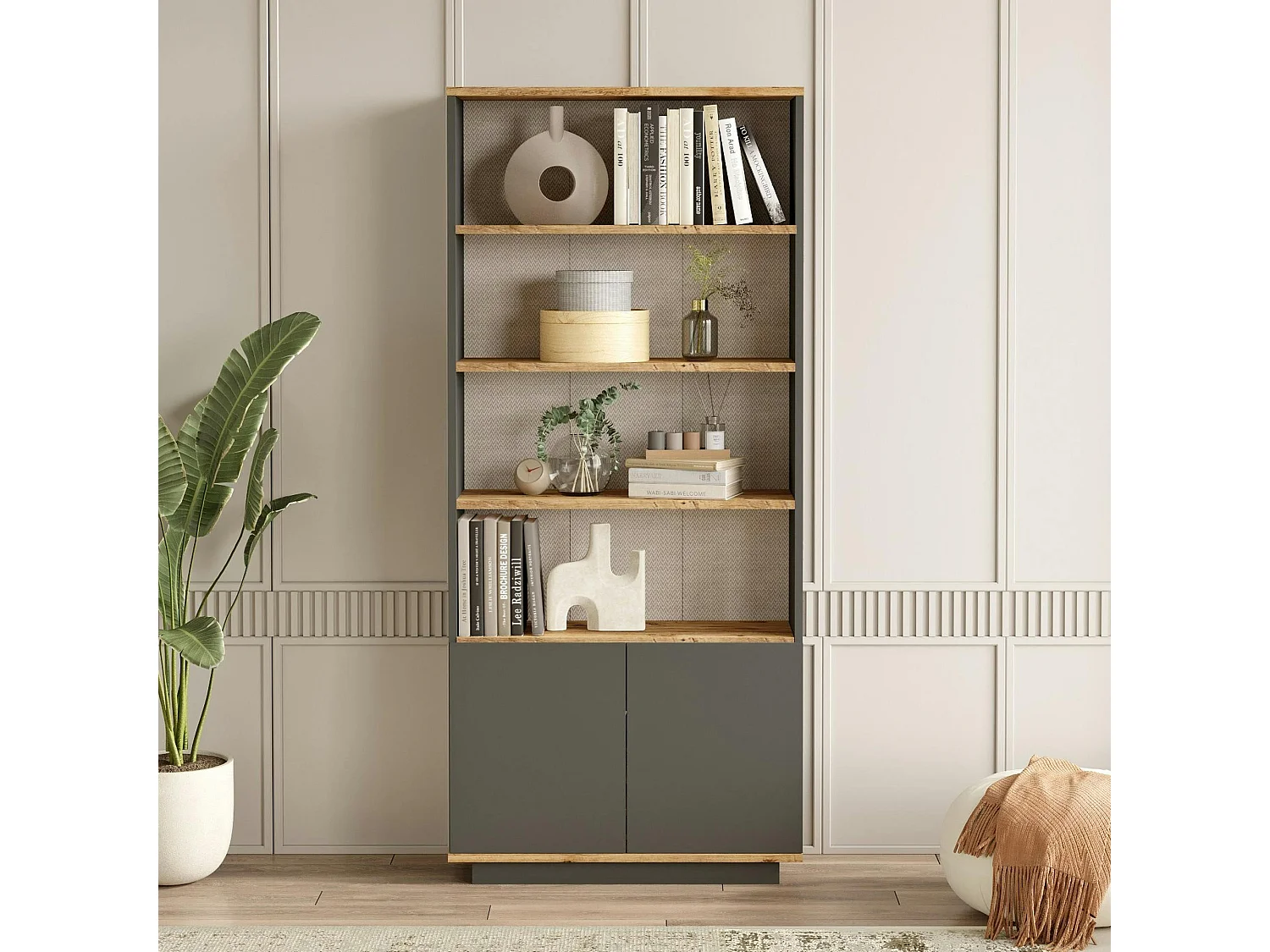 Bibliothèque moderne grise avec rangement bas fermé MARFA