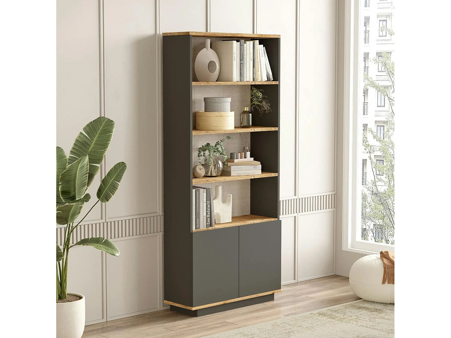 Bibliothèque moderne grise avec rangement bas fermé MARFA