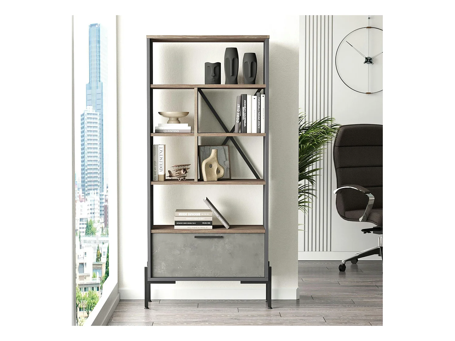 Bibliothèque industrielle effet bois & métal 1 porte JENA