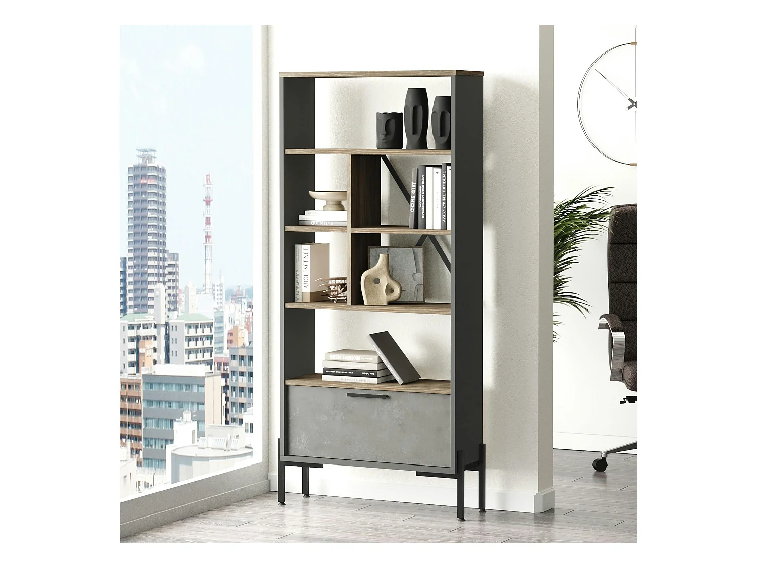 Bibliothèque industrielle effet bois & métal 1 porte JENA