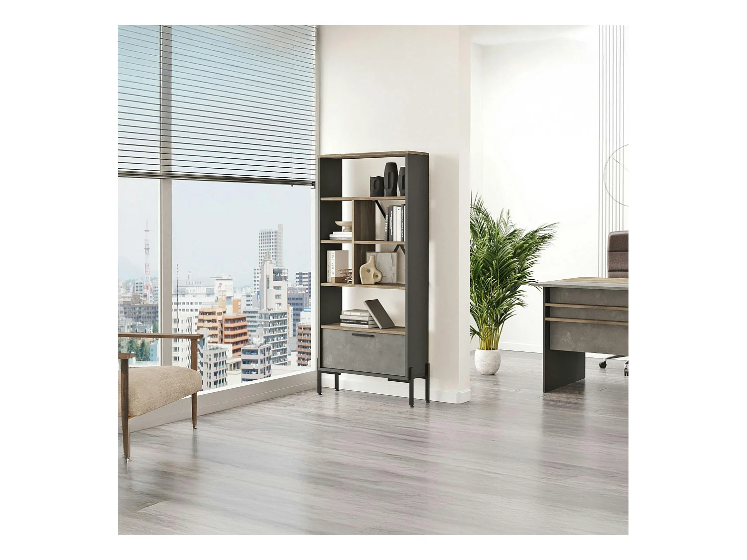 Bibliothèque industrielle effet bois & métal 1 porte JENA