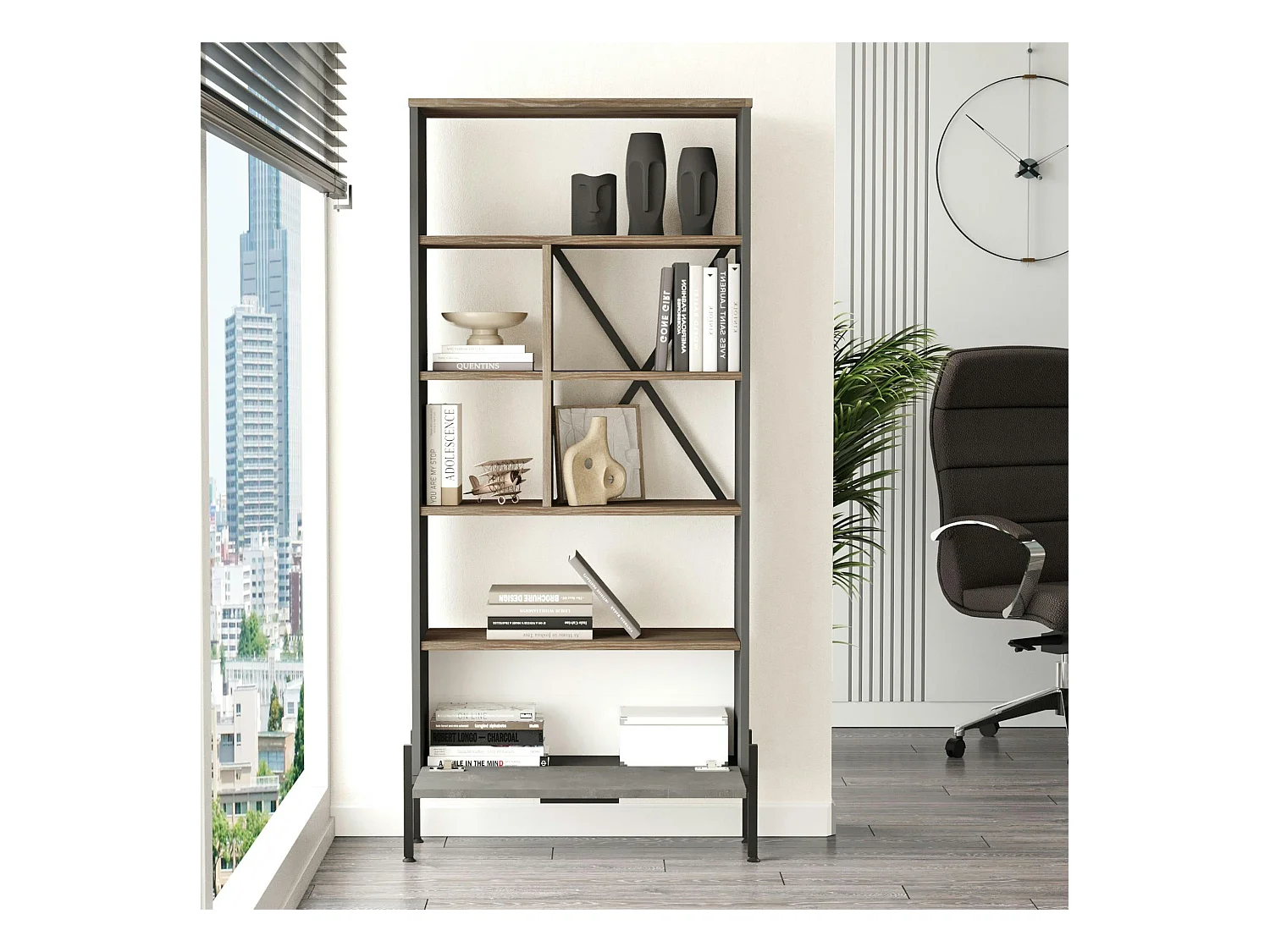 Bibliothèque industrielle effet bois & métal 1 porte JENA