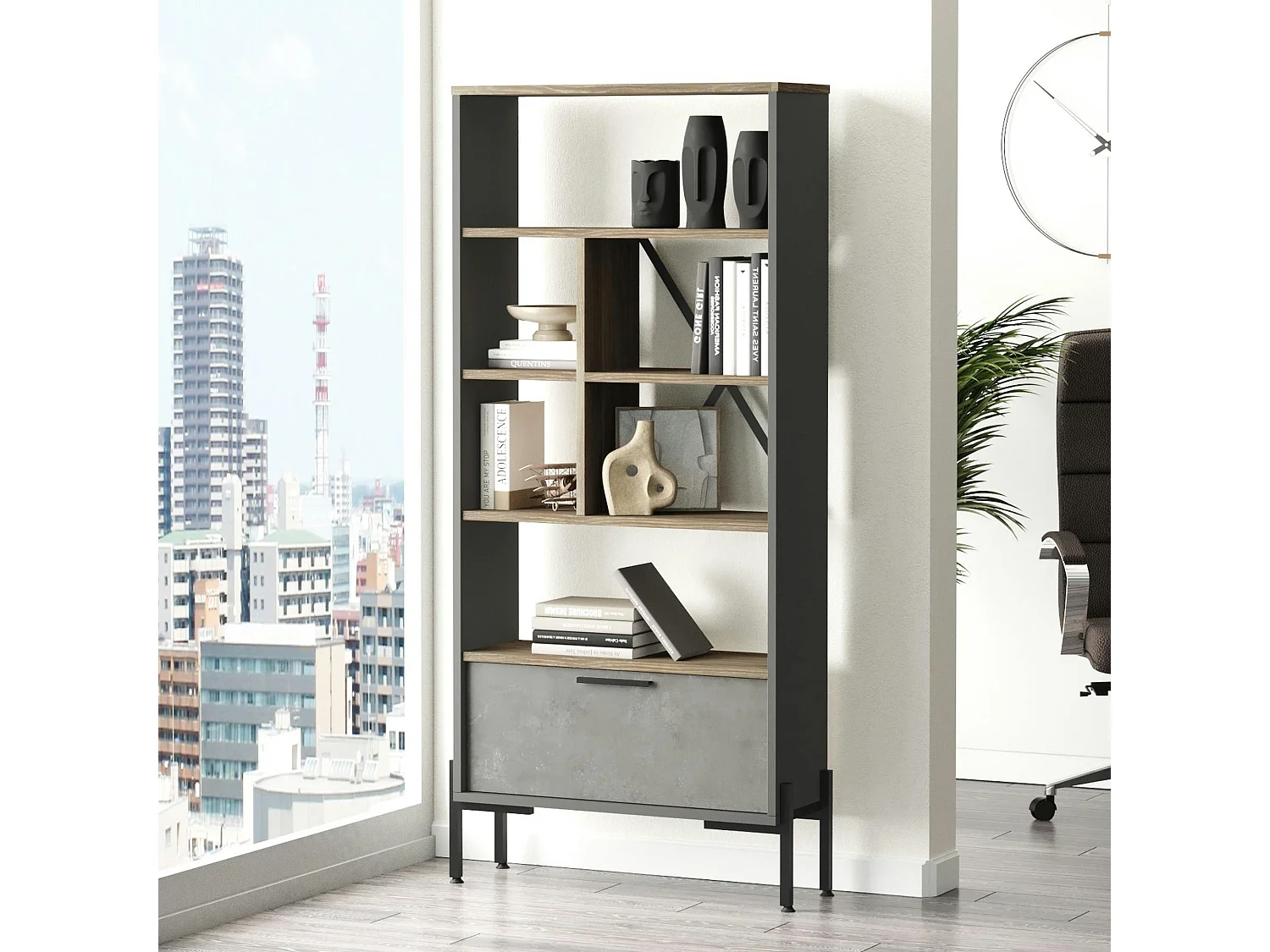 Bibliothèque industrielle effet bois & métal 1 porte JENA