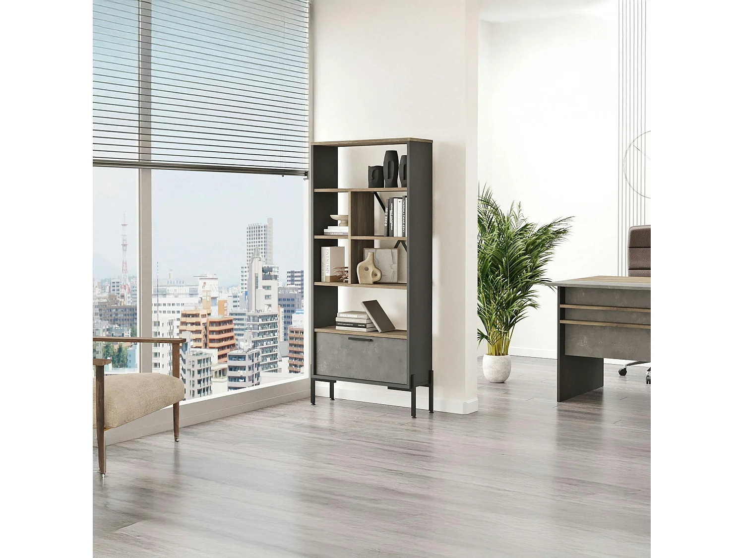 Bibliothèque industrielle effet bois & métal 1 porte JENA