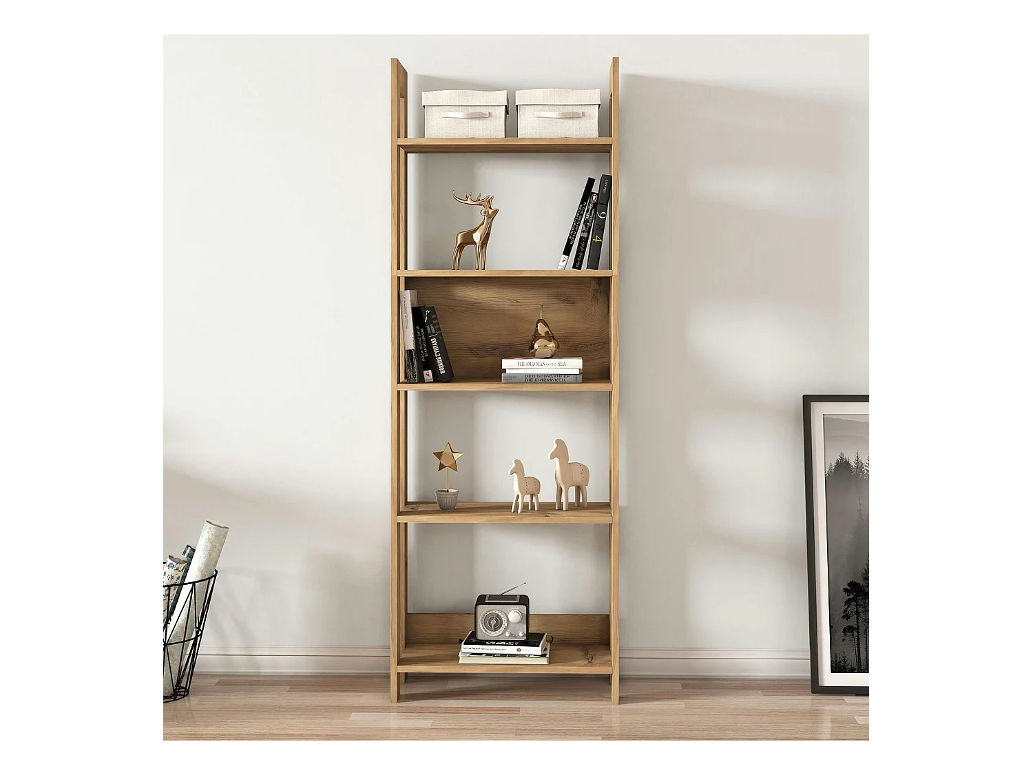 Bibliothèque étagère effet bois avec niche ouverte MARFA