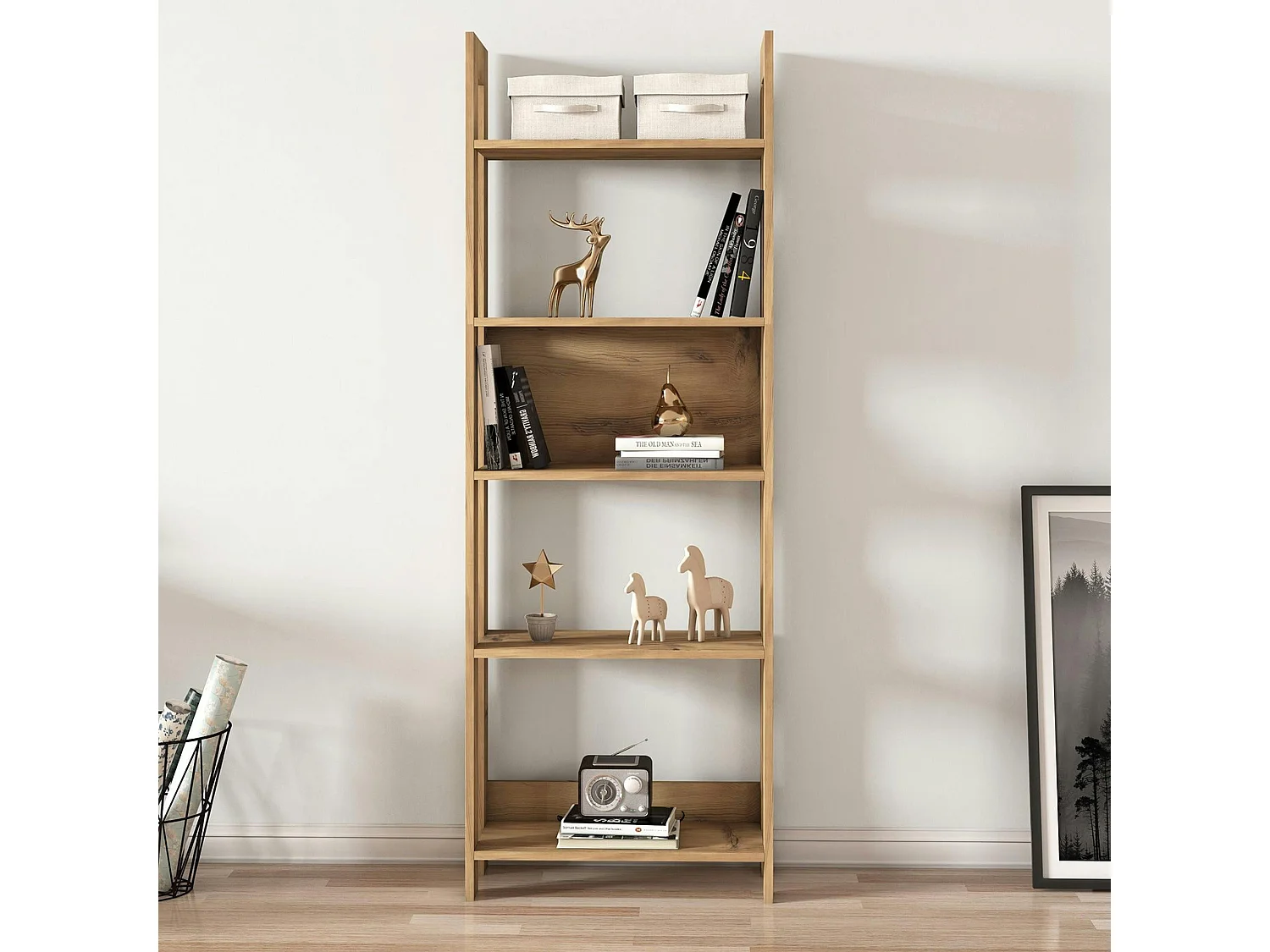 Bibliothèque étagère effet bois avec niche ouverte MARFA