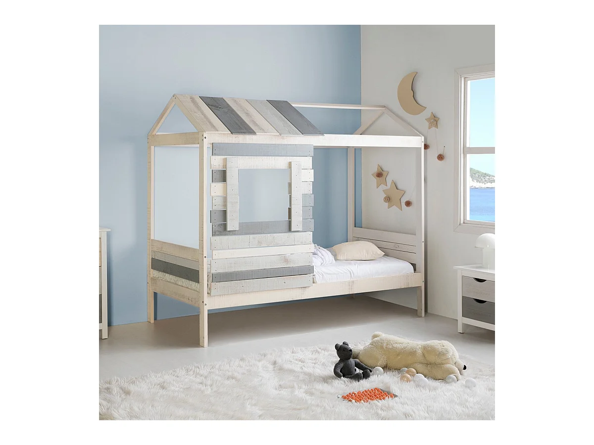 Lit cabane enfant rustique 90x190 cm en bois clair/gris - Sue