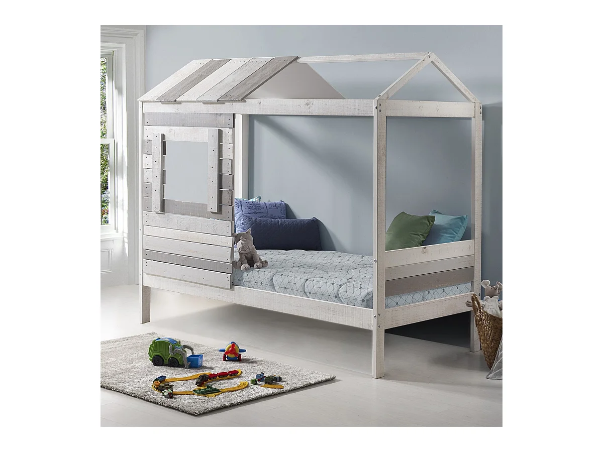 Lit cabane enfant rustique 90x190 cm en bois clair/gris - Sue