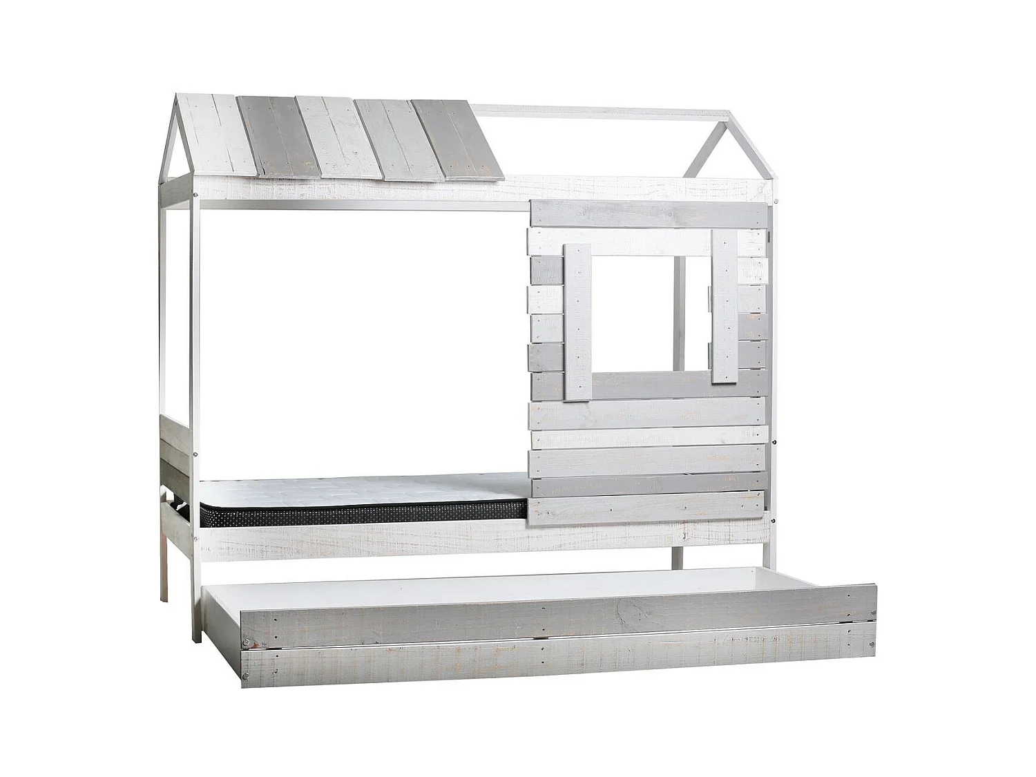 Lit cabane enfant rustique 90x190 cm en bois clair/gris - Sue