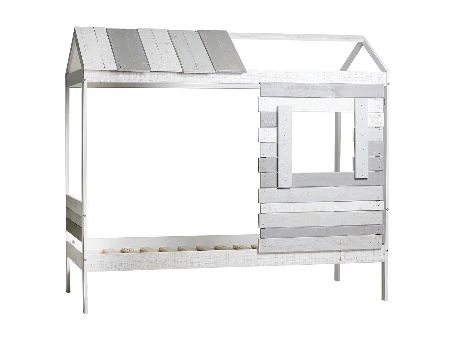Lit cabane enfant rustique 90x190 cm en bois clair/gris - Sue