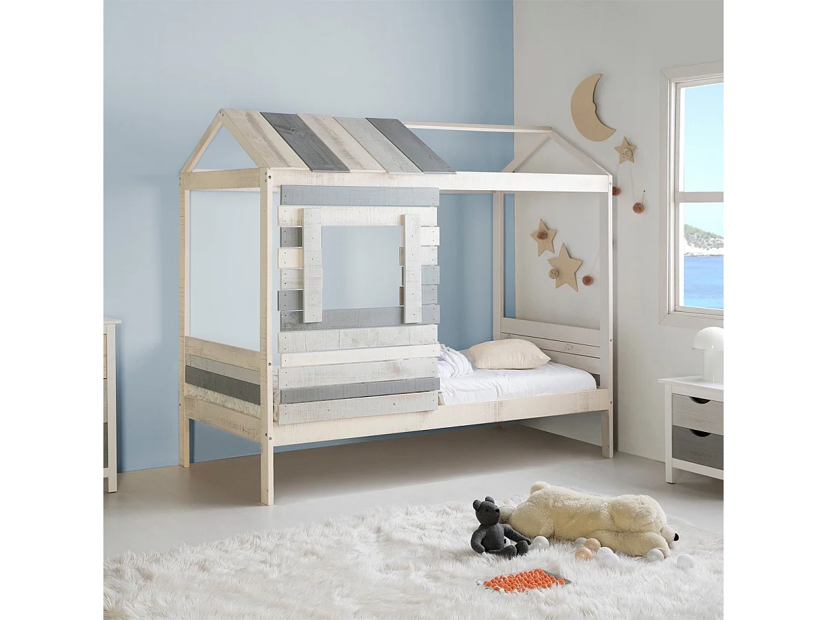 Lit cabane enfant rustique 90x190 cm en bois clair/gris - Sue