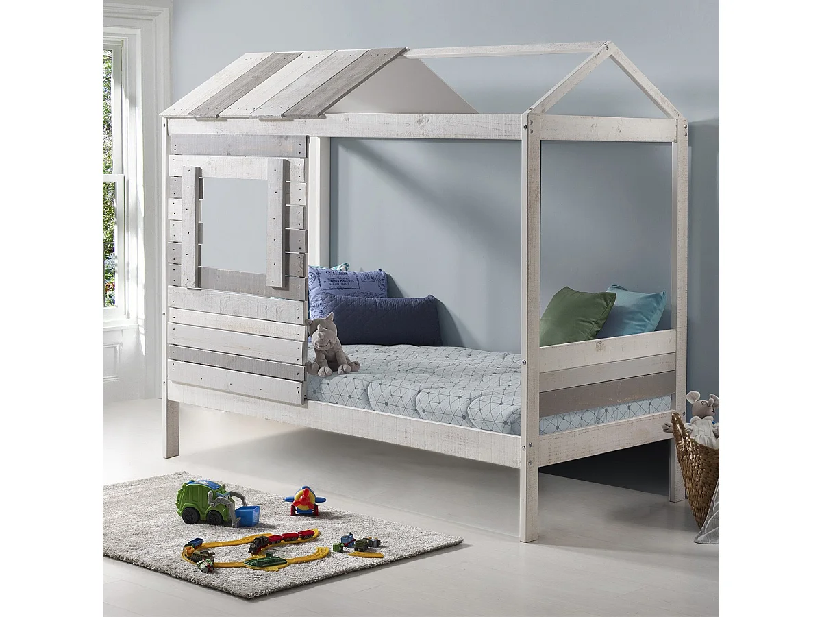 Lit cabane enfant rustique 90x190 cm en bois clair/gris - Sue