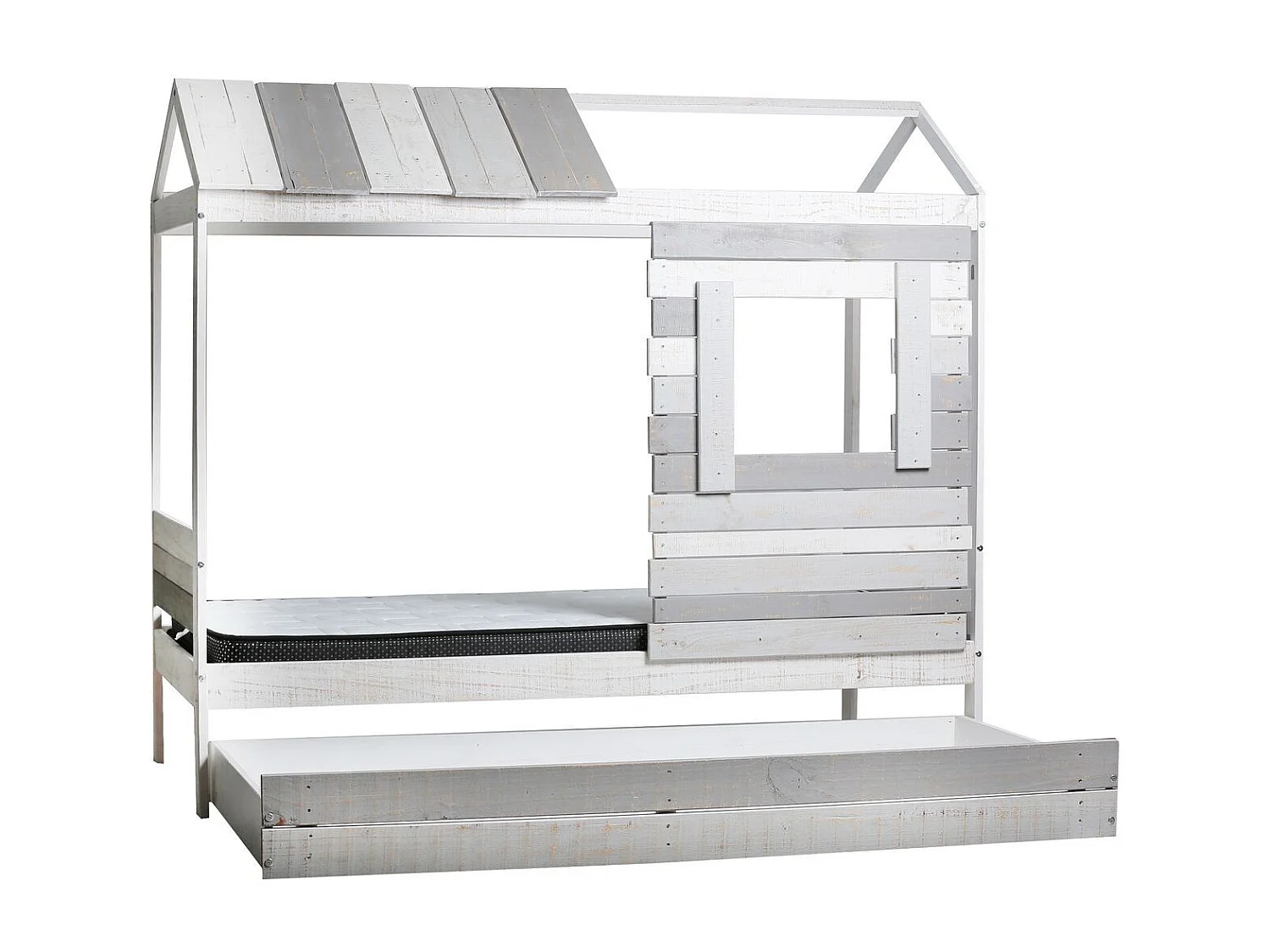 Lit cabane enfant rustique 90x190 cm en bois clair/gris - Sue