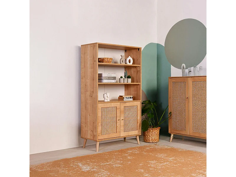 Bibliothèque vintage effet bois - 2 portes cannage MARFA