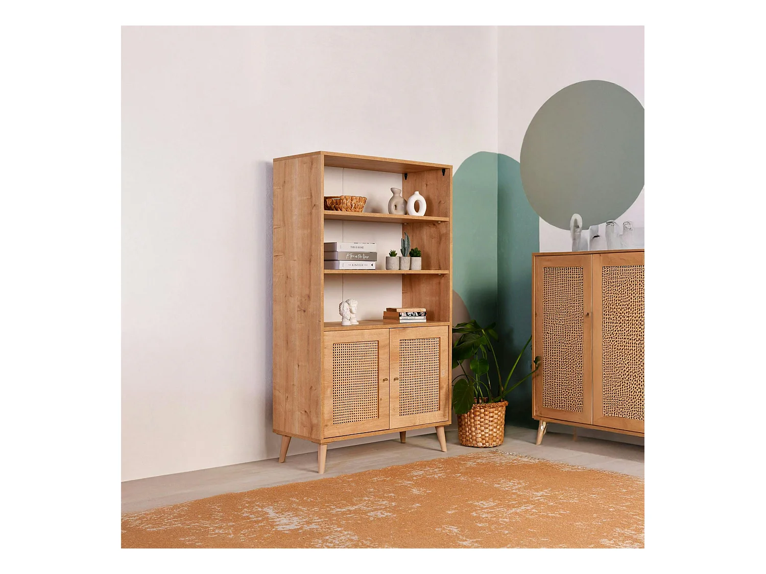 Bibliothèque vintage effet bois - 2 portes cannage MARFA