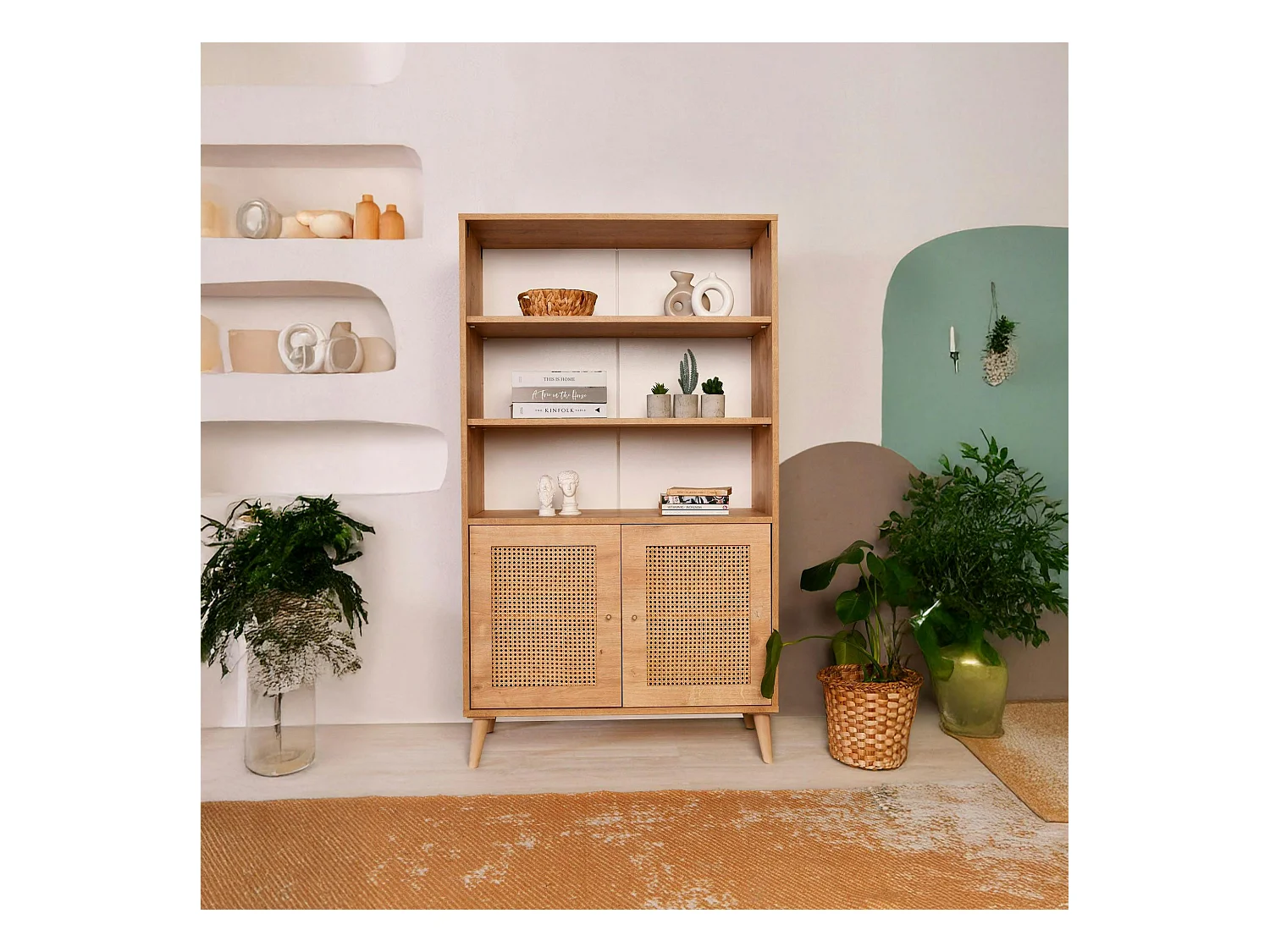 Bibliothèque vintage effet bois - 2 portes cannage MARFA