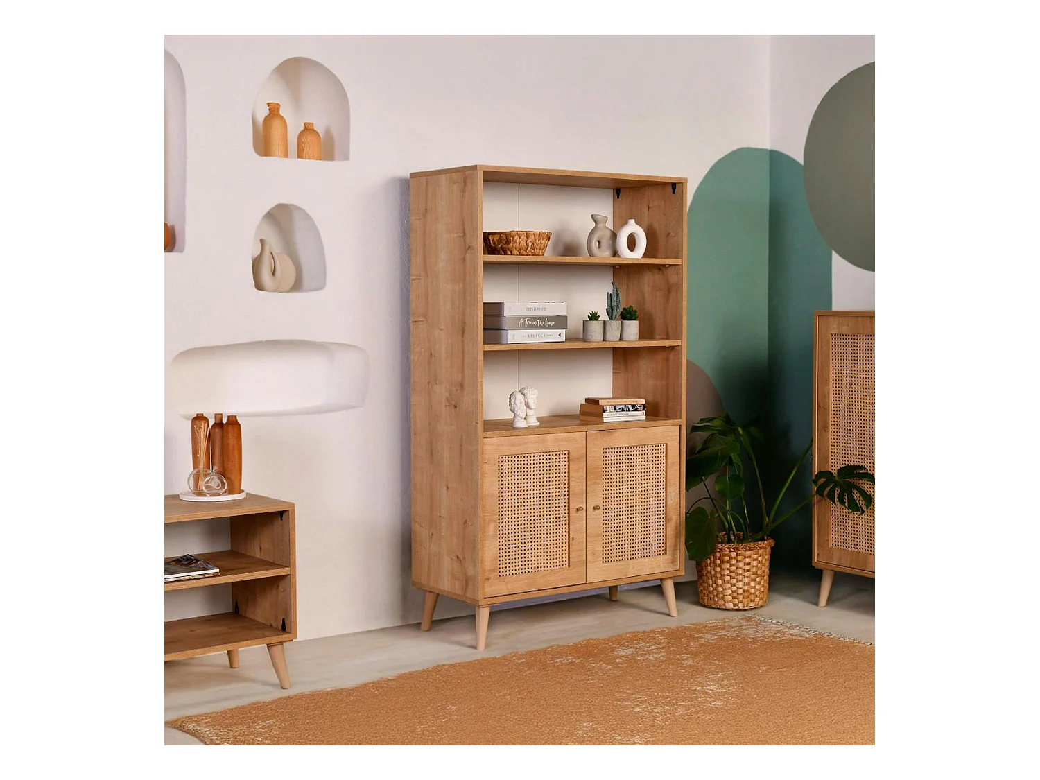 Bibliothèque vintage effet bois - 2 portes cannage MARFA