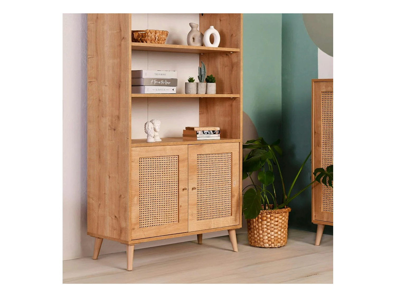 Bibliothèque vintage effet bois - 2 portes cannage MARFA