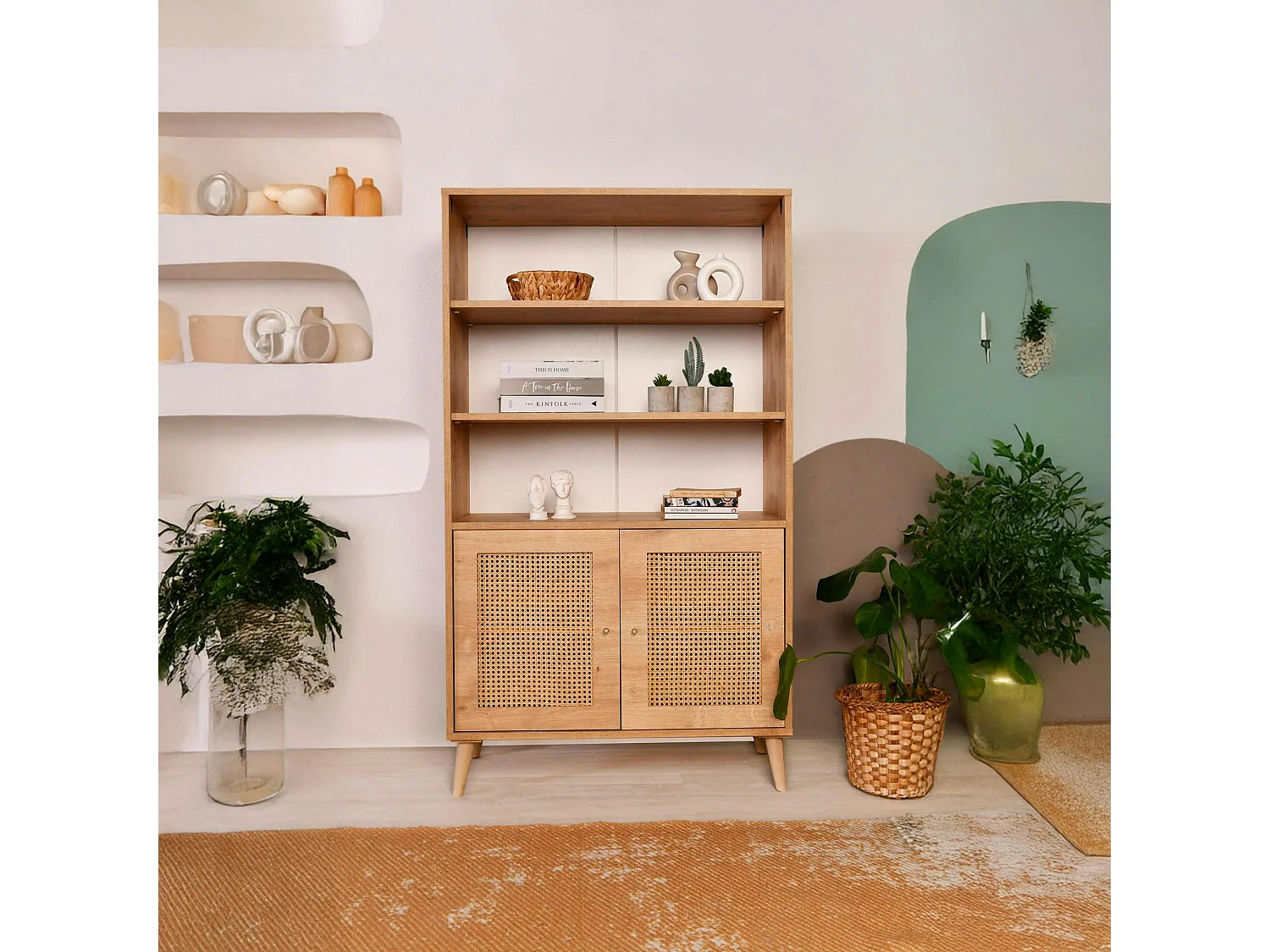 Bibliothèque vintage effet bois - 2 portes cannage MARFA