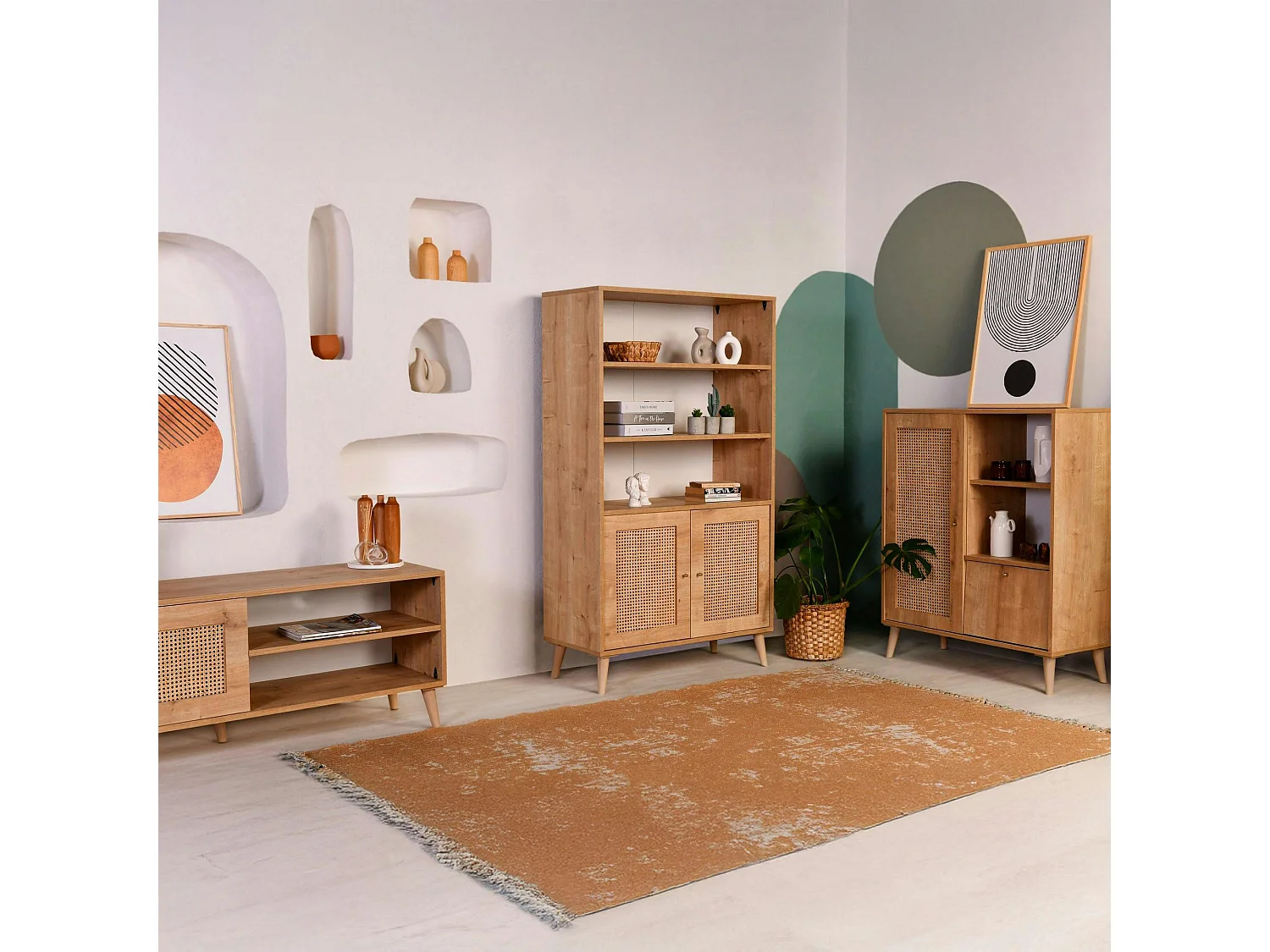 Bibliothèque vintage effet bois - 2 portes cannage MARFA