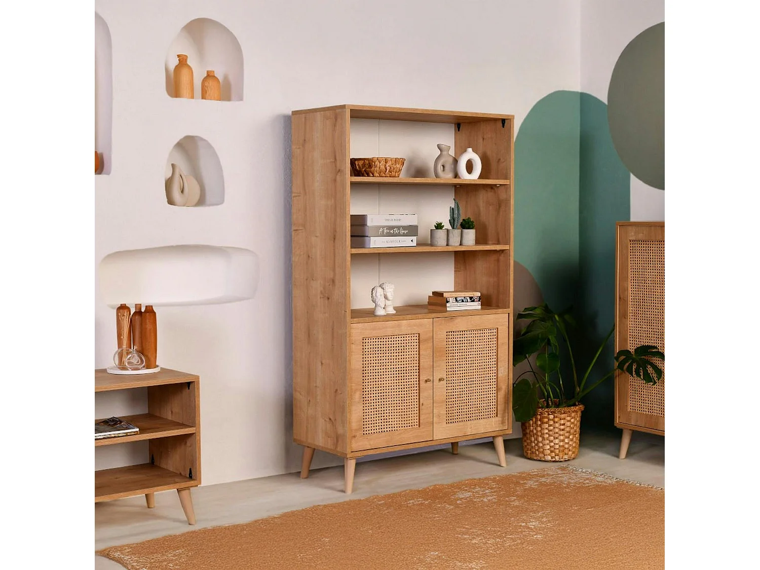 Bibliothèque vintage effet bois - 2 portes cannage MARFA