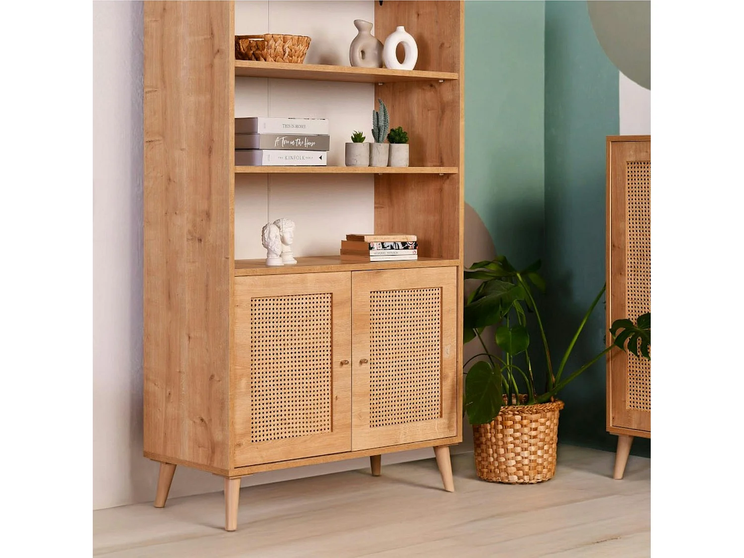 Bibliothèque vintage effet bois - 2 portes cannage MARFA