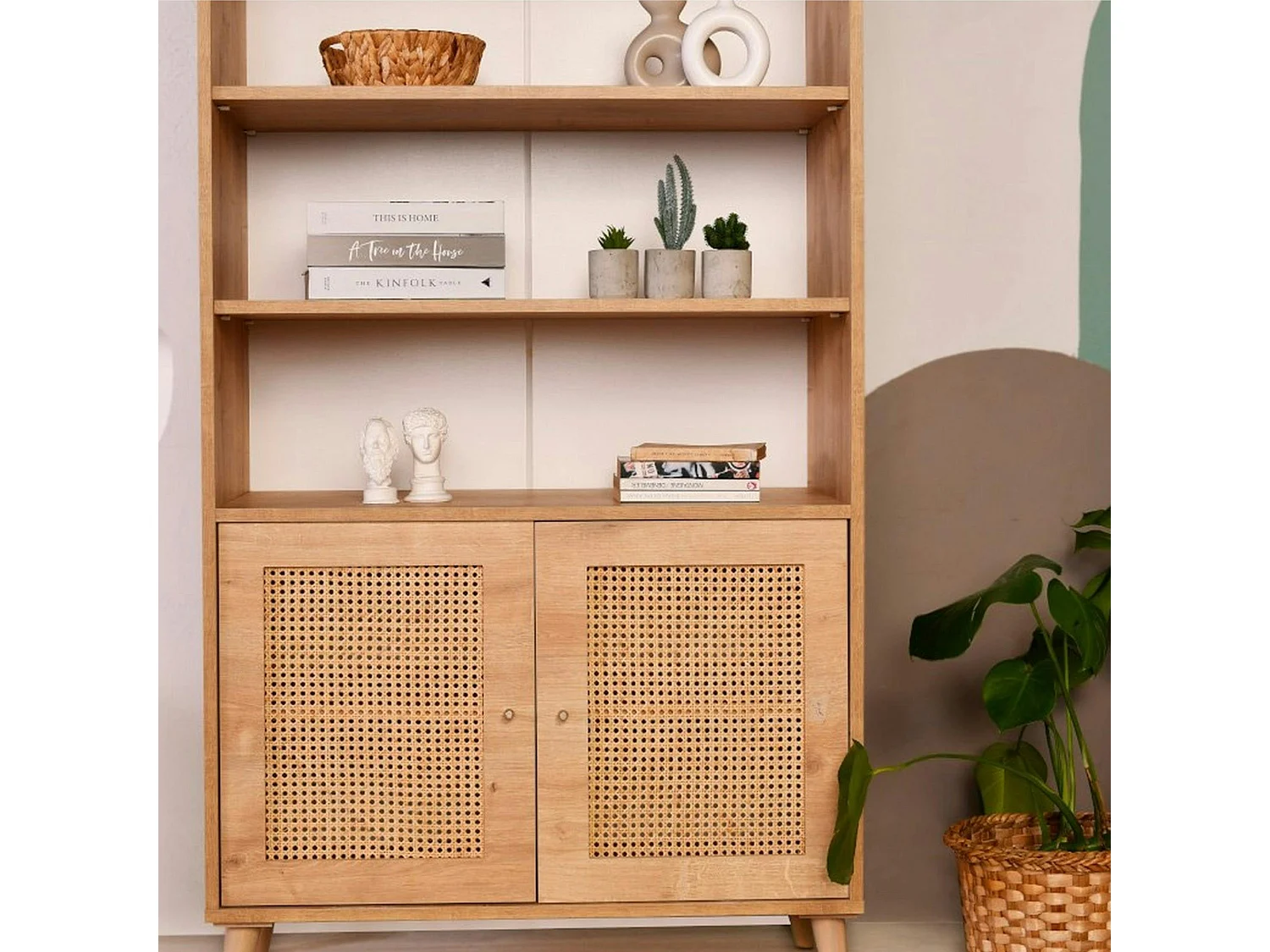 Bibliothèque vintage effet bois - 2 portes cannage MARFA