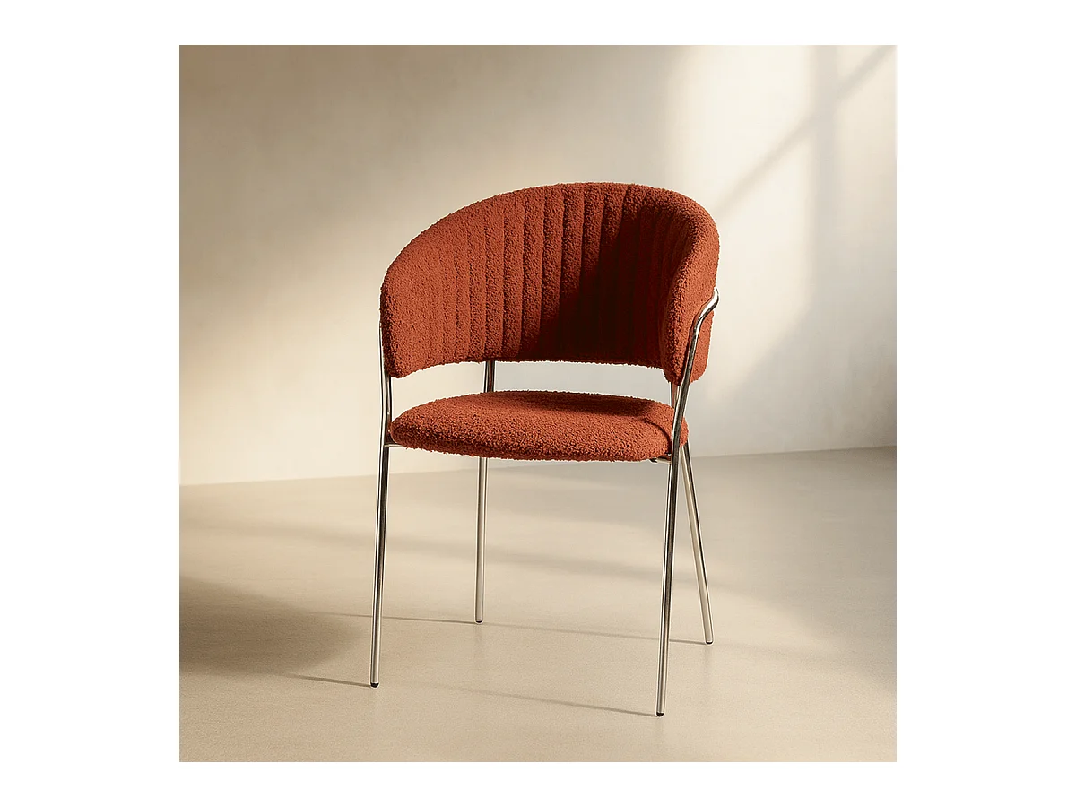 Lot de 2 chaises en tissu bouclé rouille et piètement chromé - Isya