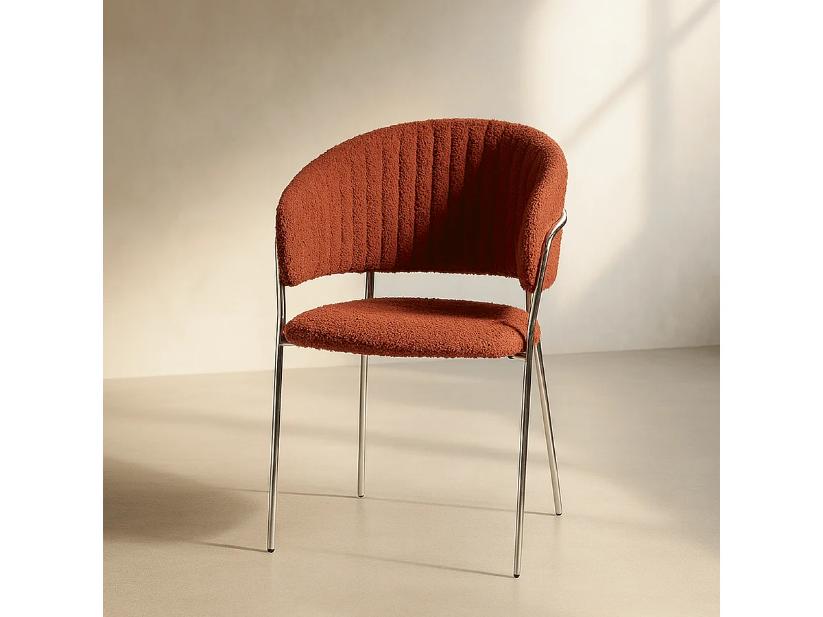 Lot de 2 chaises en tissu bouclé rouille et piètement chromé - Isya
