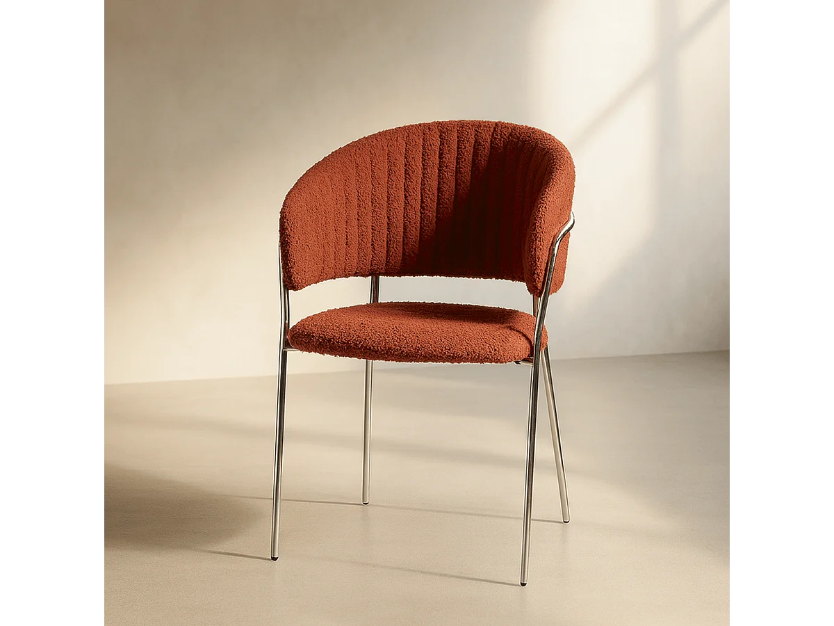 Lot de 2 chaises en tissu bouclé rouille et piètement chromé - Isya