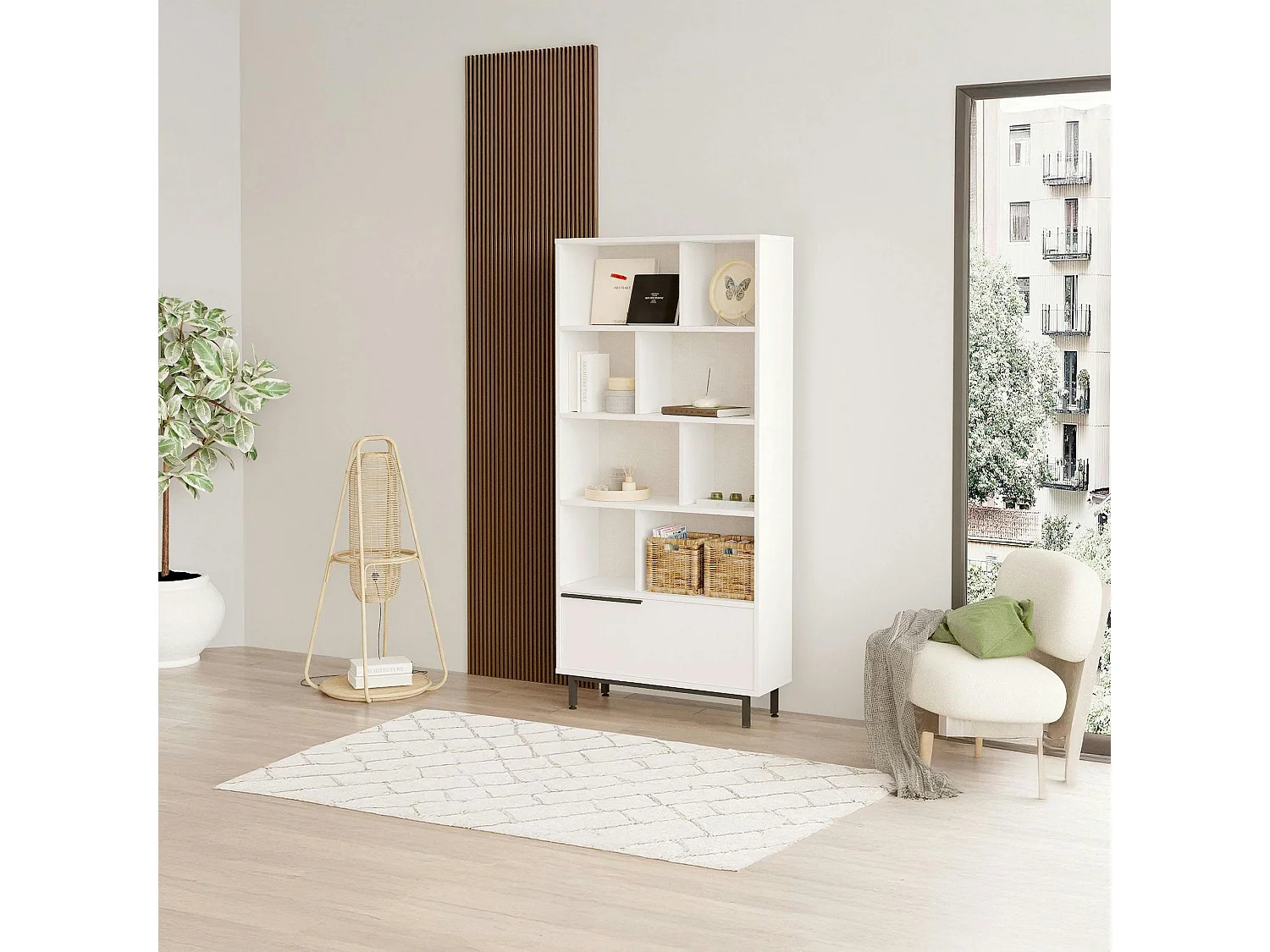 Bibliothèque blanche moderne - 8 niches & 1 porte JENA