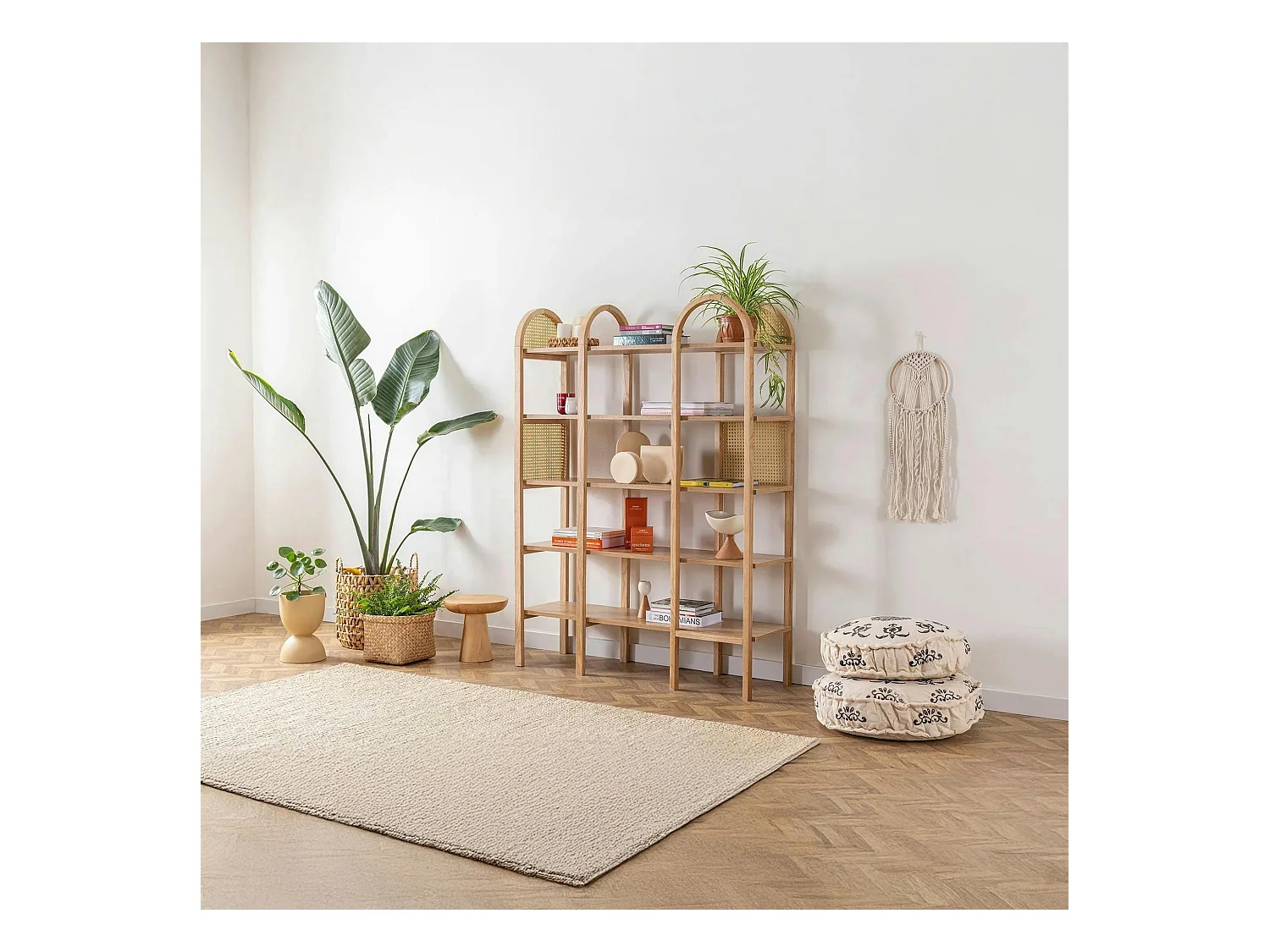 Bibliothèque cannage & effet bois - double arche ovale TANDI