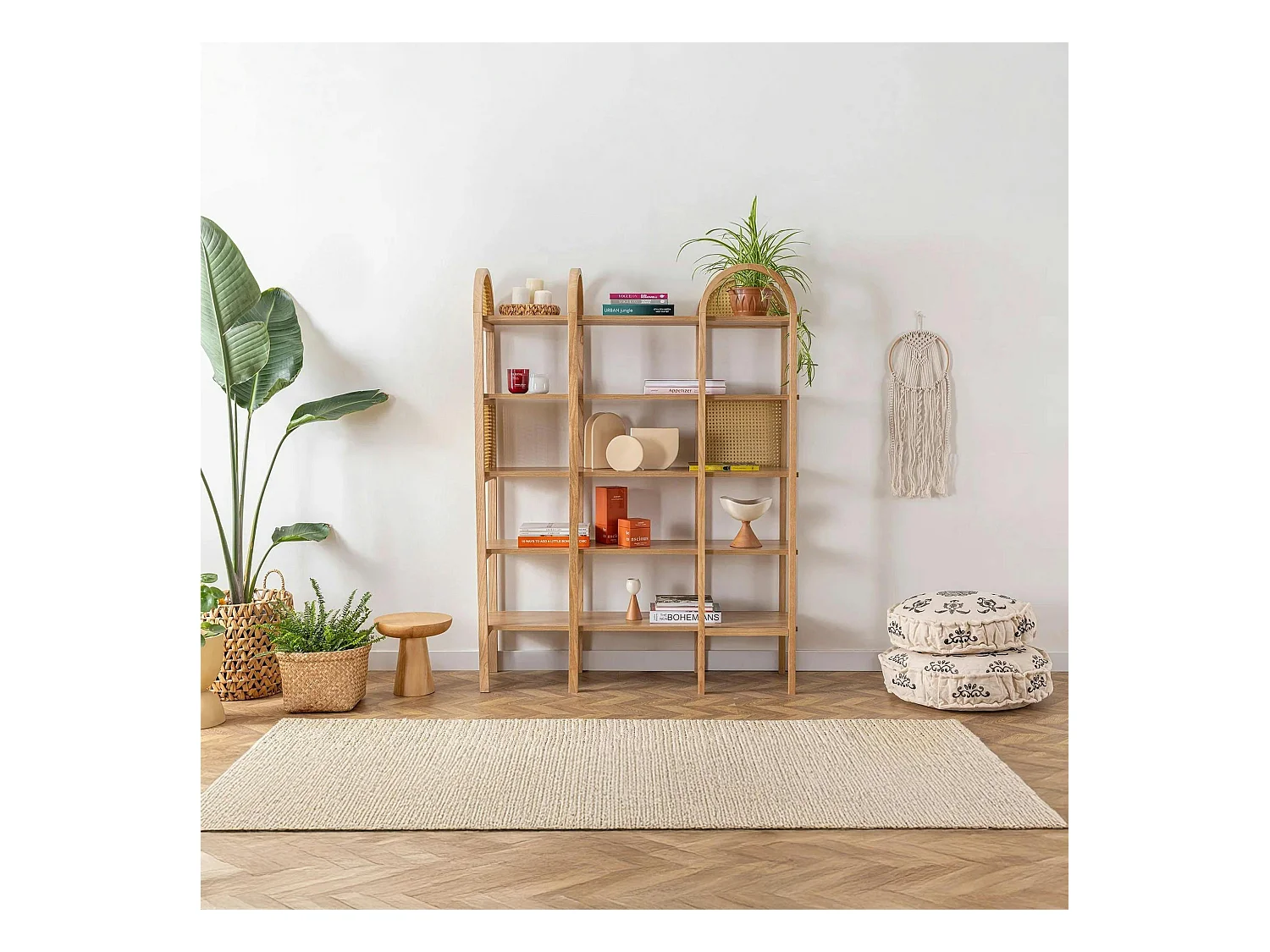 Bibliothèque cannage & effet bois - double arche ovale TANDI