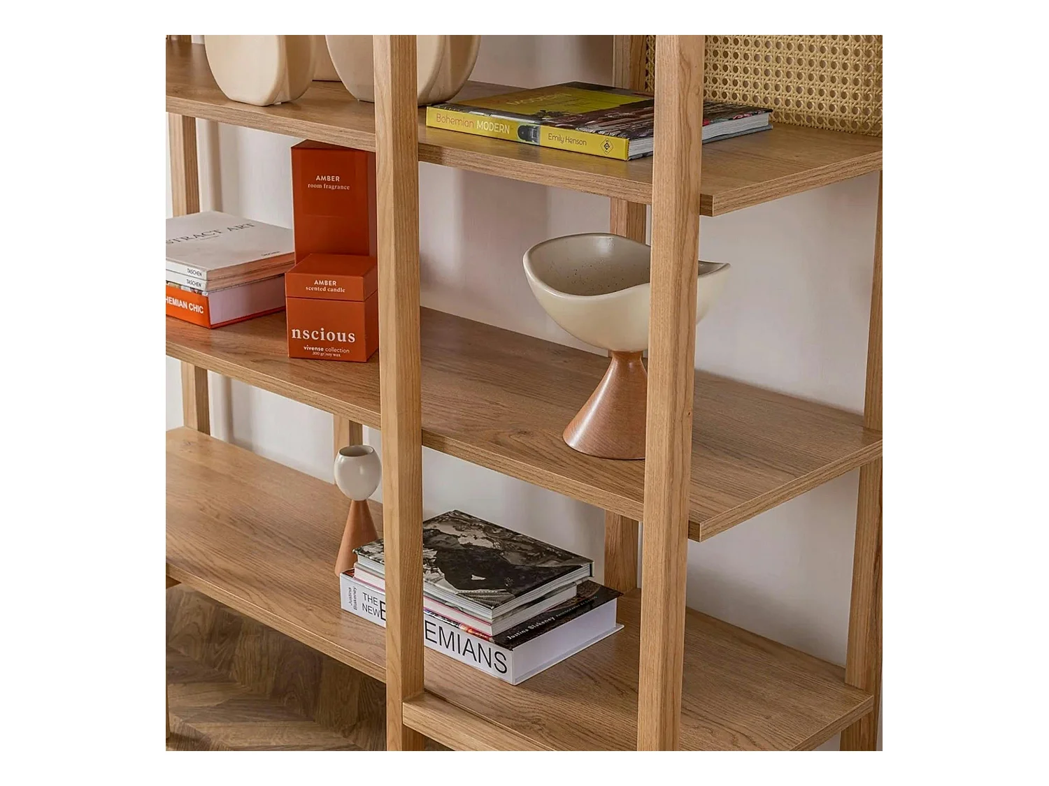 Bibliothèque cannage & effet bois - double arche ovale TANDI