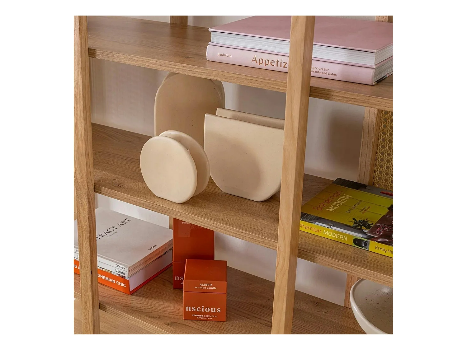 Bibliothèque cannage & effet bois - double arche ovale TANDI