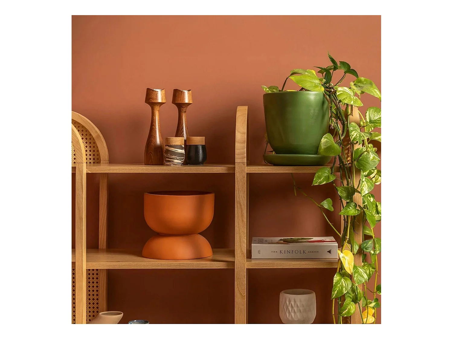 Bibliothèque cannage & effet bois - double arche ovale TANDI