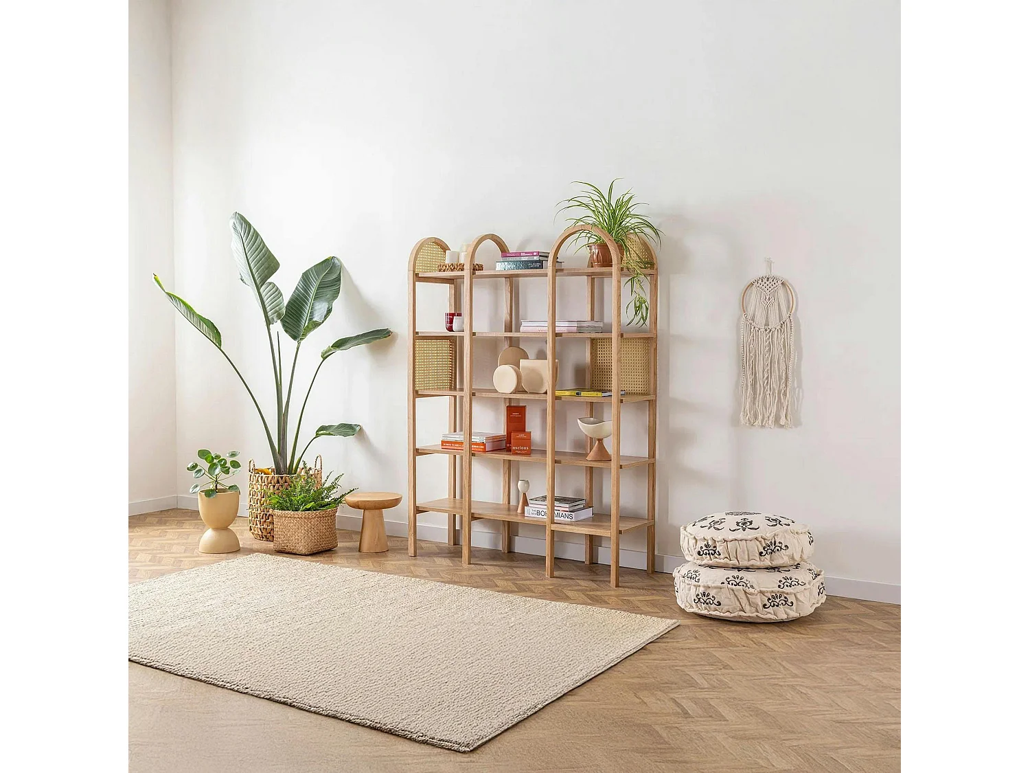 Bibliothèque cannage & effet bois - double arche ovale TANDI