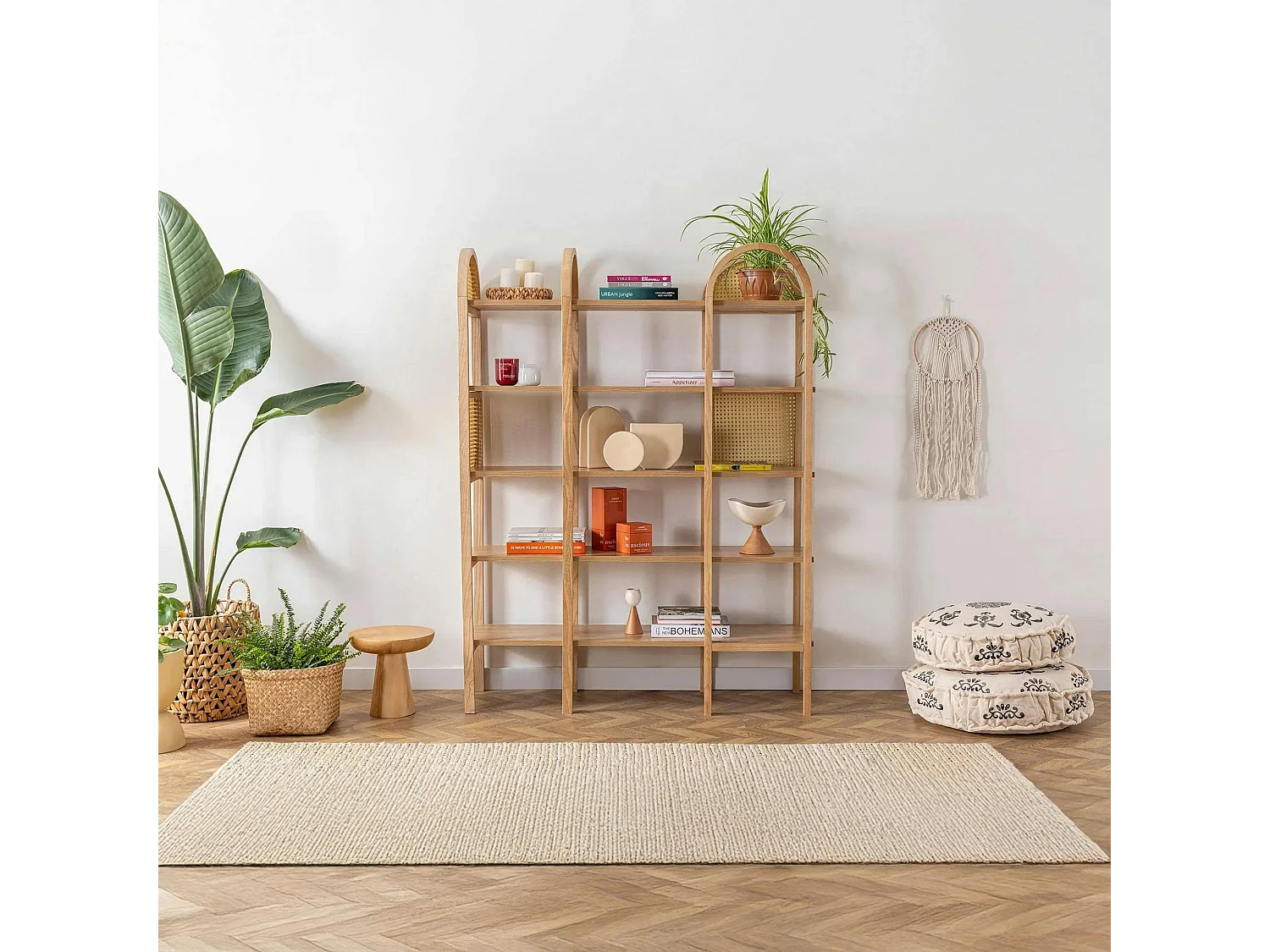 Bibliothèque cannage & effet bois - double arche ovale TANDI