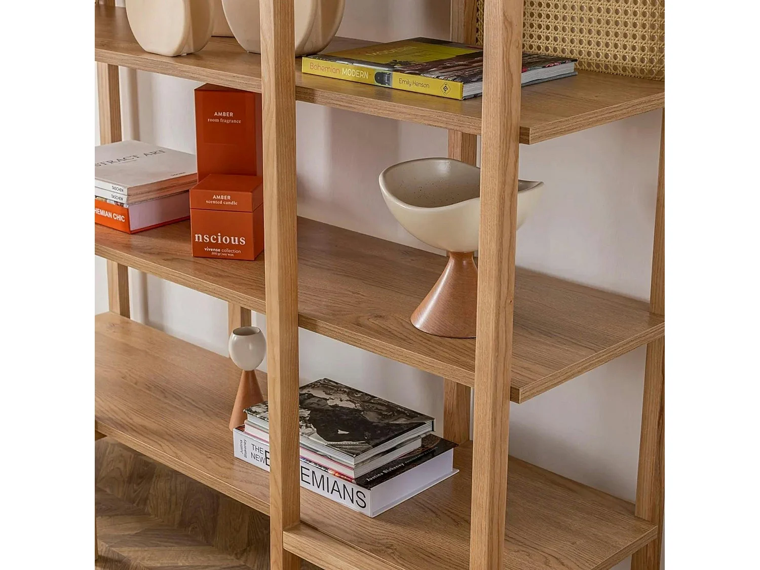 Bibliothèque cannage & effet bois - double arche ovale TANDI