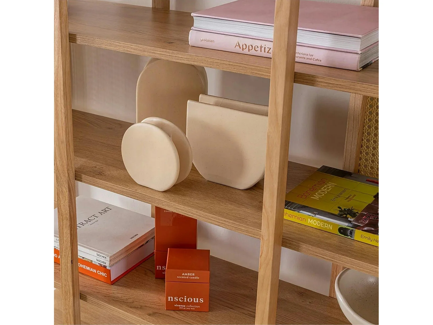 Bibliothèque cannage & effet bois - double arche ovale TANDI