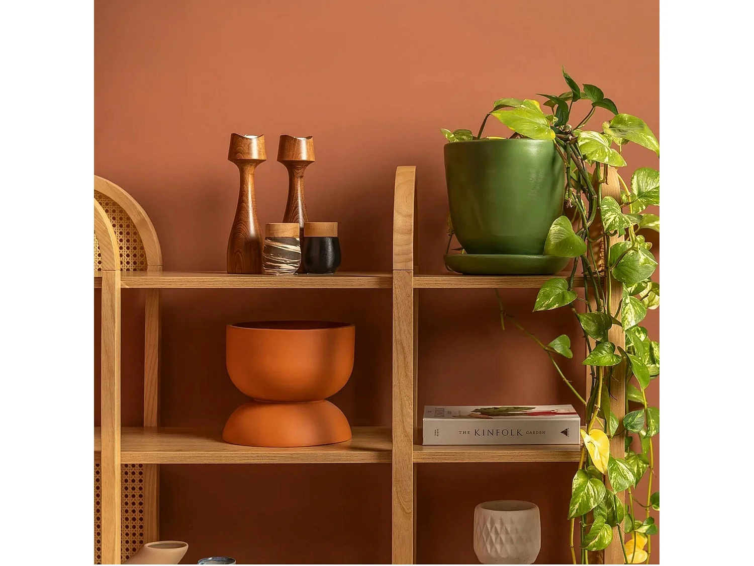 Bibliothèque cannage & effet bois - double arche ovale TANDI