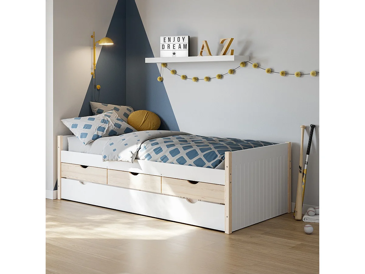 Lit gigogne enfant 90x190 à tiroirs en bois blanc - Owan