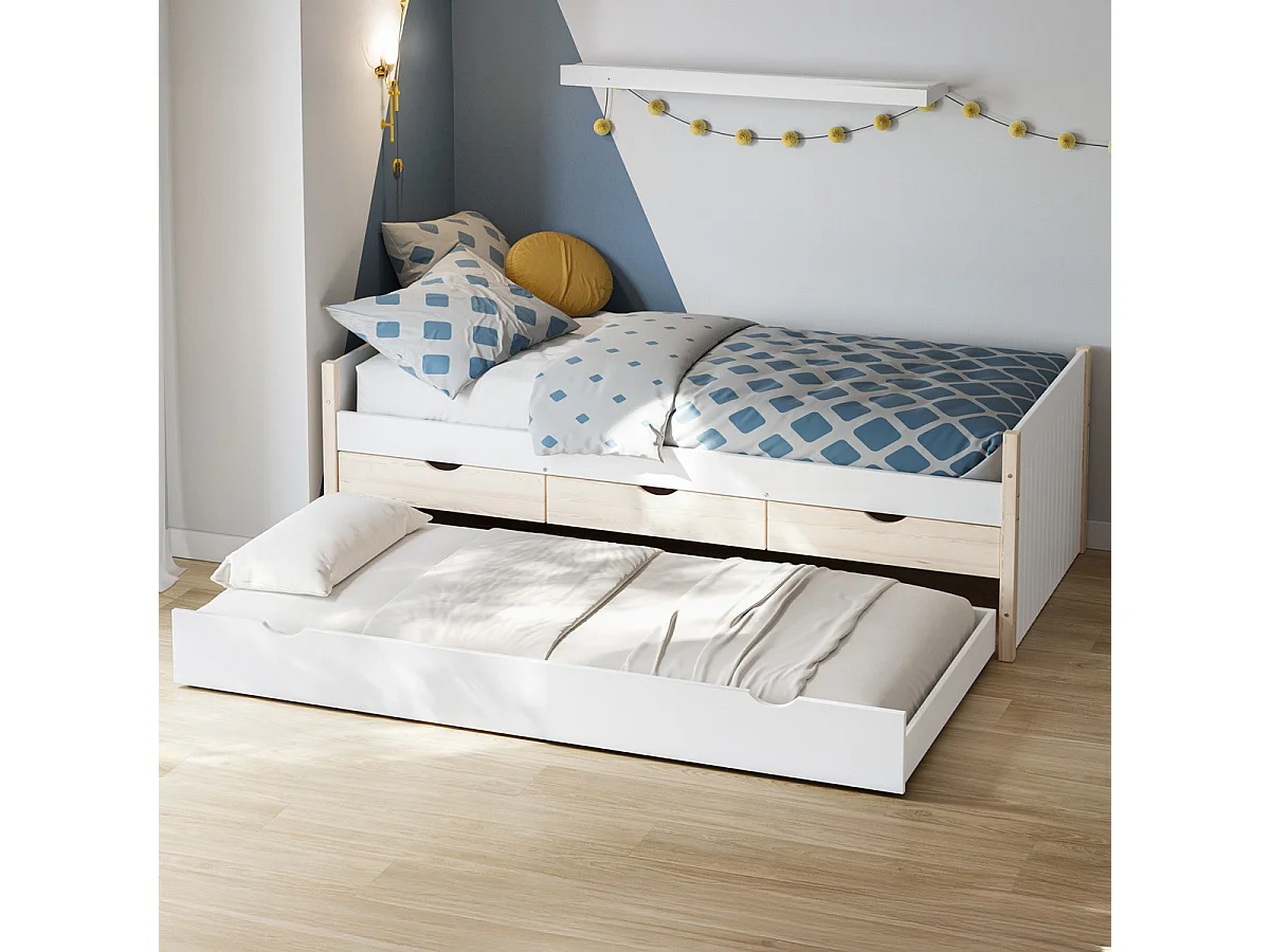 Lit gigogne enfant 90x190 à tiroirs en bois blanc - Owan