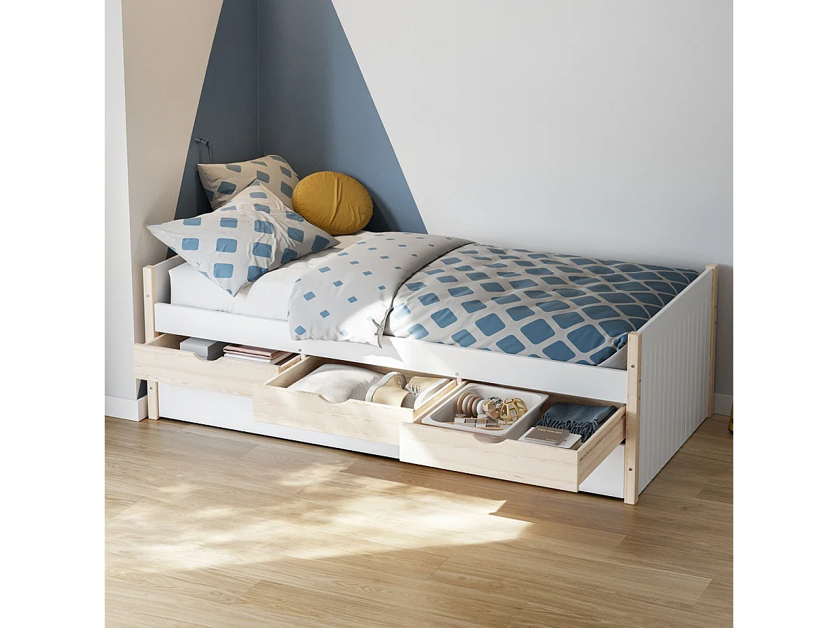 Lit gigogne enfant 90x190 à tiroirs en bois blanc - Owan