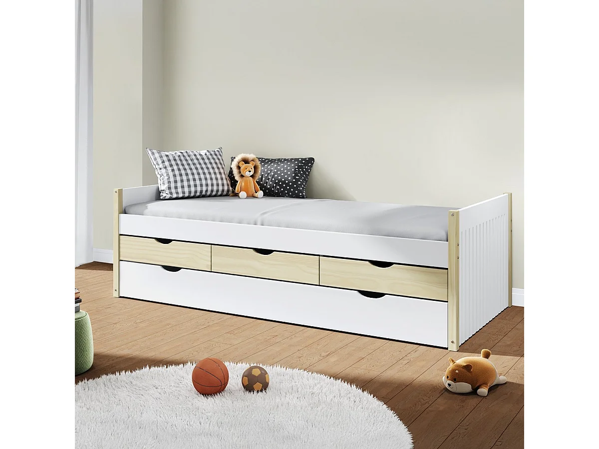 Lit gigogne enfant 90x190 à tiroirs en bois blanc - Owan