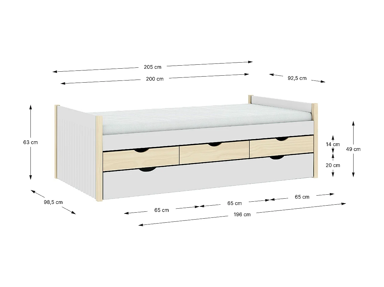Lit gigogne enfant 90x190 à tiroirs en bois blanc - Owan
