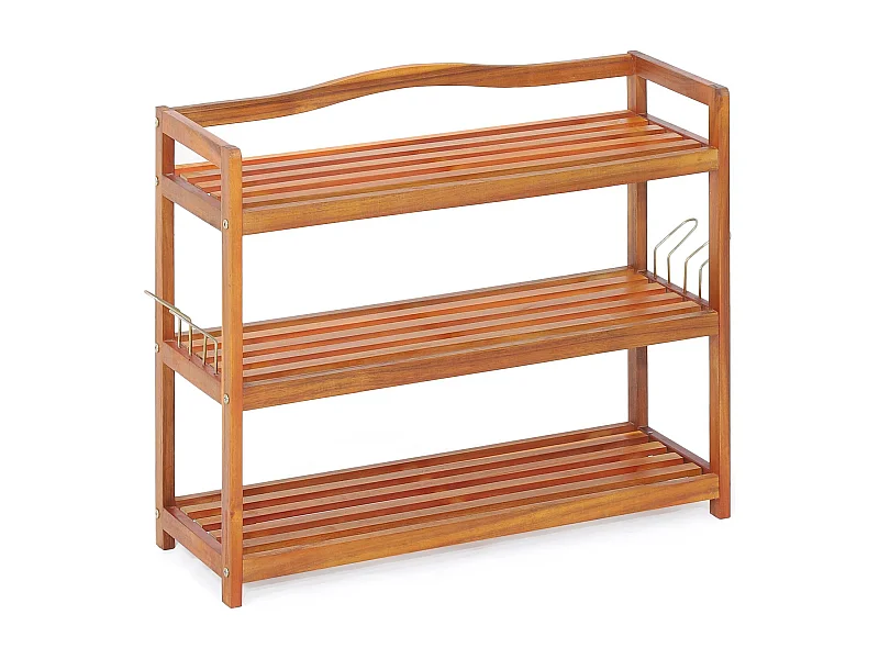 3 Ebenen Akazienholz Schuhregal mit Seitlichen Metallhaken Schuhablage Hält bis zu 12-18 Paar